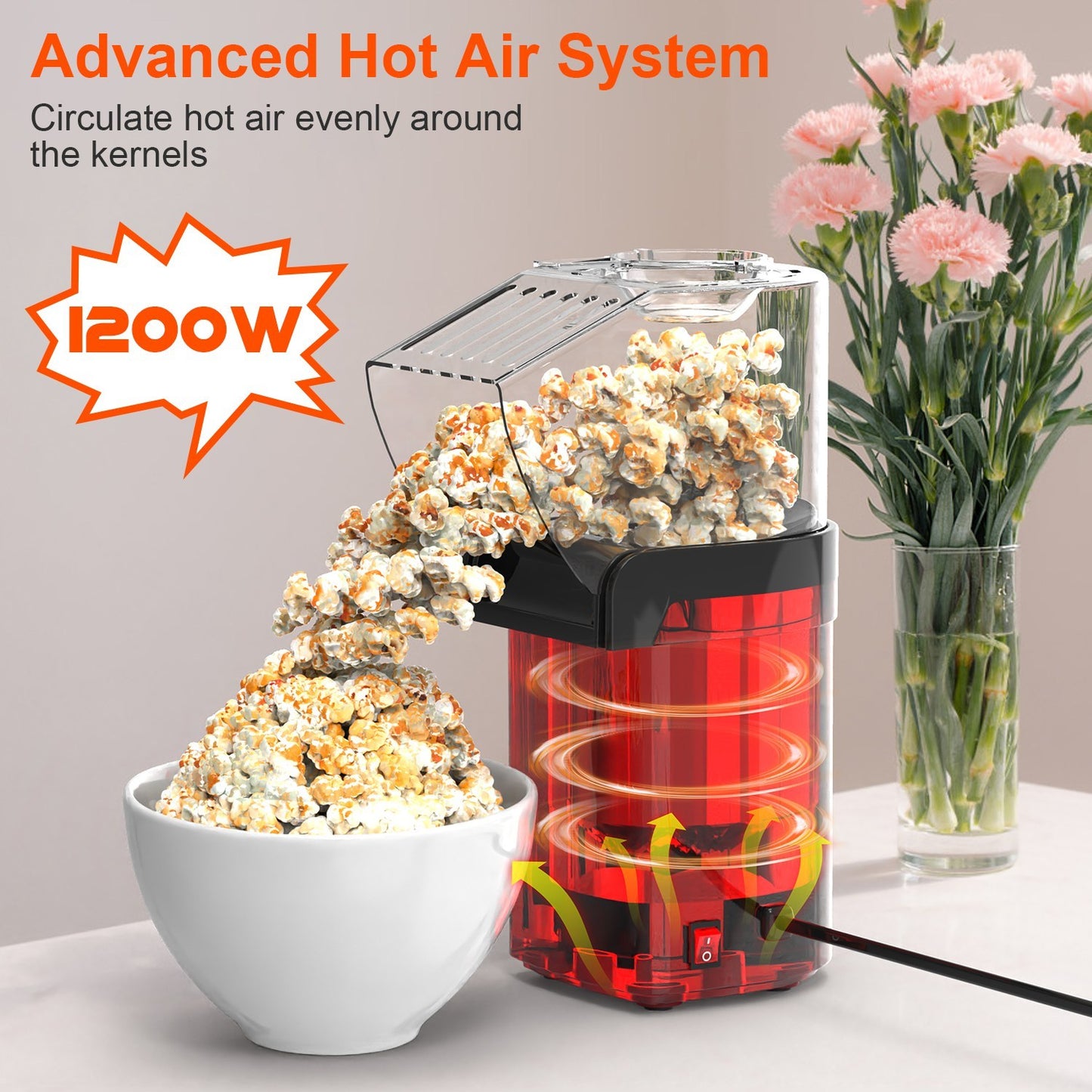 Machine à popcorn à air chaud avec doseur et réchauffe-beurre – 1200W, sans huile, facile à utiliser, capacité 8 tasses – Mini machine à popcorn pour la maison
