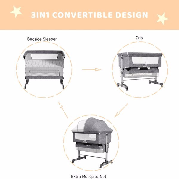 Berceau de chevet 3 en 1 avec moustiquaire, grand sac de rangement, matelas confortable avec roulettes verrouillables, gris