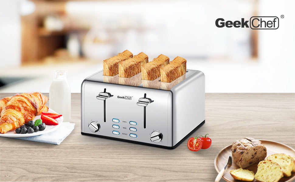 Grille-pain 4 tranches, Geek Chef en acier inoxydable avec fentes extra larges. Équipé de deux panneaux de contrôle indépendants avec fonctions bagel, décongélation et annulation.