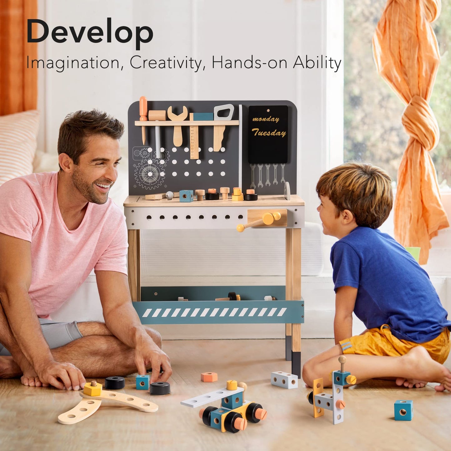 ROBOTIME Banc à outils en bois pour enfants, jouet, atelier, avec ensemble d'outils