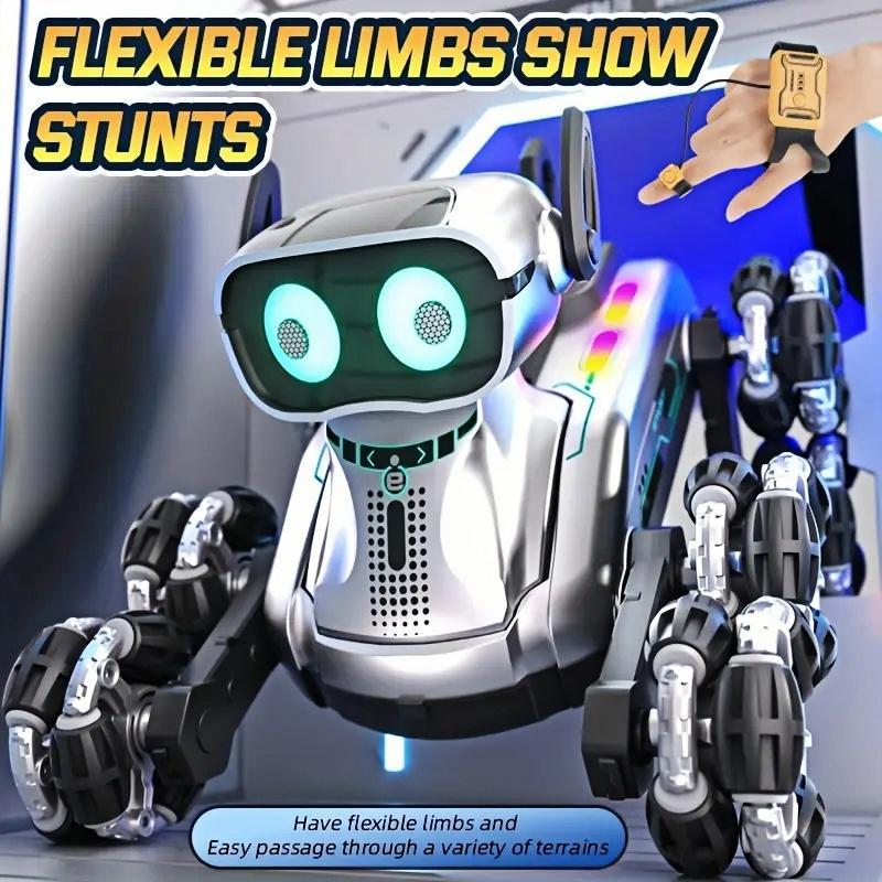 Chien robot cascadeur argenté à huit roues et double télécommande