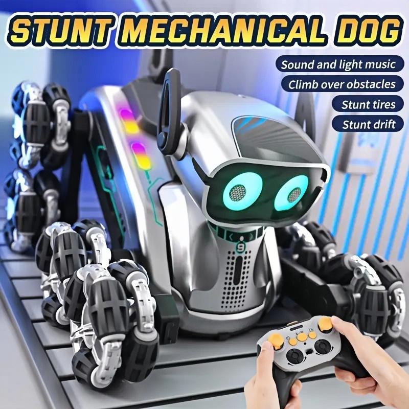Chien robot cascadeur argenté à huit roues et double télécommande