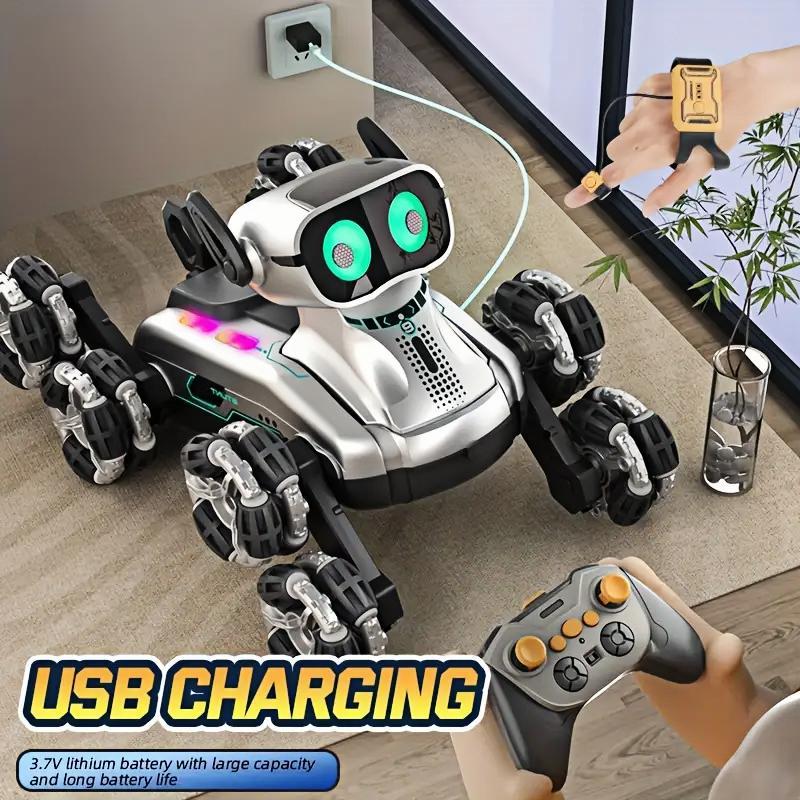 Chien robot cascadeur argenté à huit roues et double télécommande