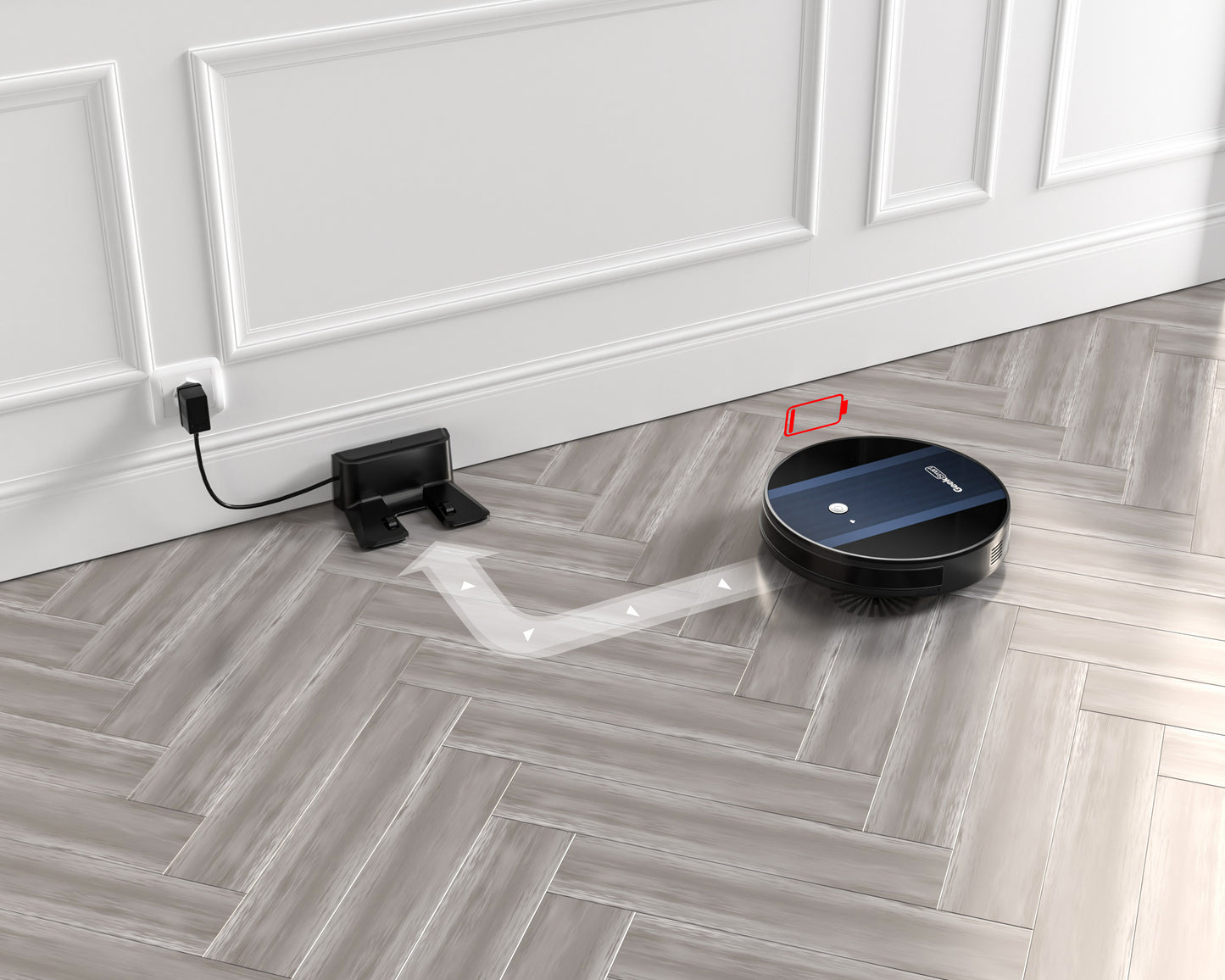 Aspirateur robot Geek Smart G6 Plus, ultra-fin, aspiration 1800 Pa, recharge automatique, Wi-Fi et application mobile, idéal pour sols durs et tapis.