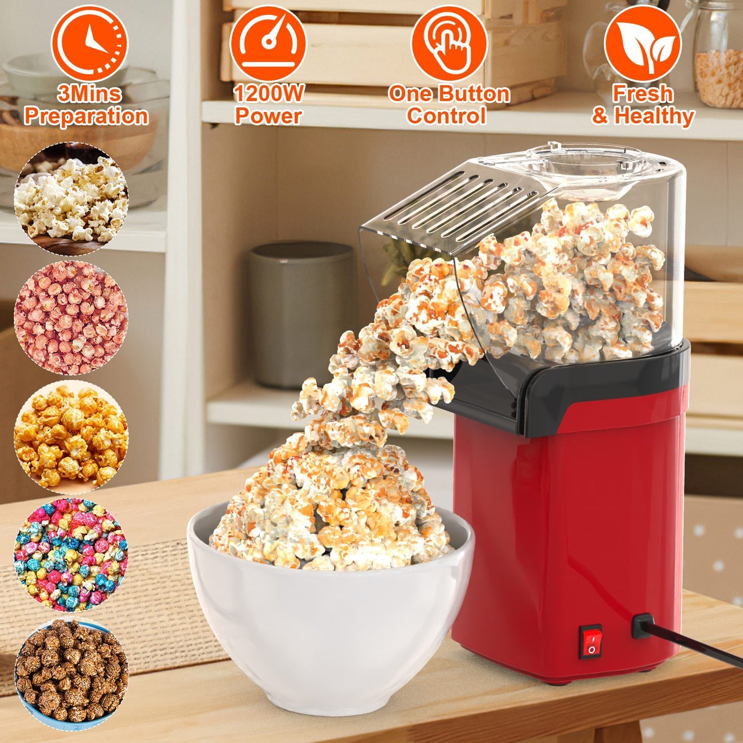 Machine à popcorn à air chaud avec doseur et réchauffe-beurre – 1200W, sans huile, facile à utiliser, capacité 8 tasses – Mini machine à popcorn pour la maison