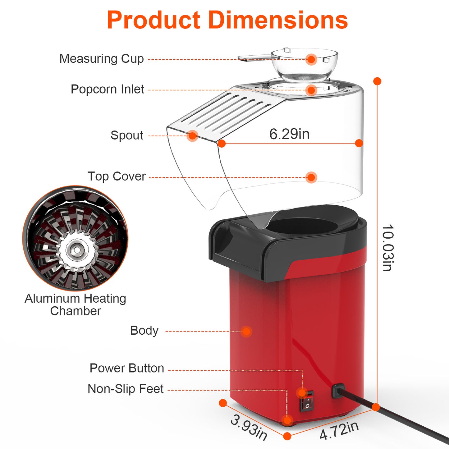 Machine à popcorn à air chaud avec doseur et réchauffe-beurre – 1200W, sans huile, facile à utiliser, capacité 8 tasses – Mini machine à popcorn pour la maison