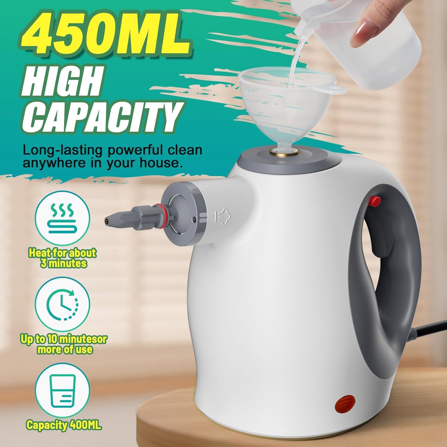 Nettoyeur vapeur portatif avec sécurité, réservoir 500 ml et 12 accessoires, idéal pour désinfecter et éliminer les saletés tenaces.