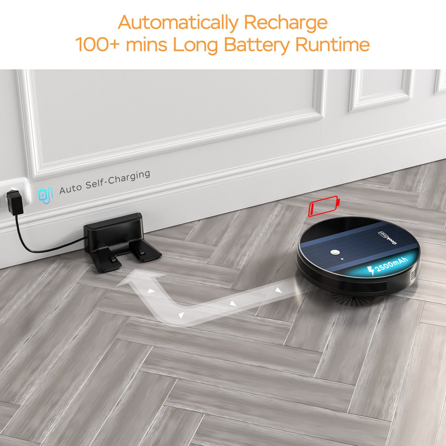 Aspirateur robot Geek Smart G6 Plus, ultra-fin, aspiration 1800 Pa, recharge automatique, Wi-Fi et application mobile, idéal pour sols durs et tapis.