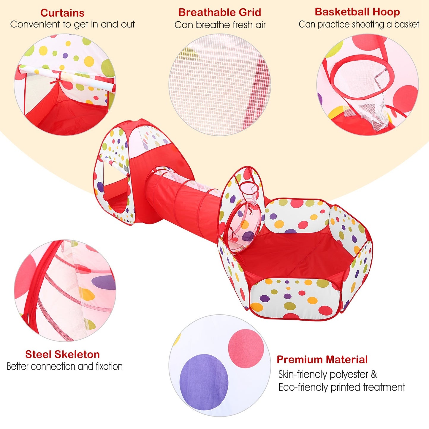 Tente tunnel rampante 3 en 1 pour enfants, tente de jeu avec sac de rangement pour l'intérieur et l'extérieur, balles de voyage non incluses