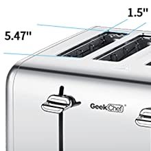 Grille-pain 4 tranches, Geek Chef en acier inoxydable avec fentes extra larges. Équipé de deux panneaux de contrôle indépendants avec fonctions bagel, décongélation et annulation.