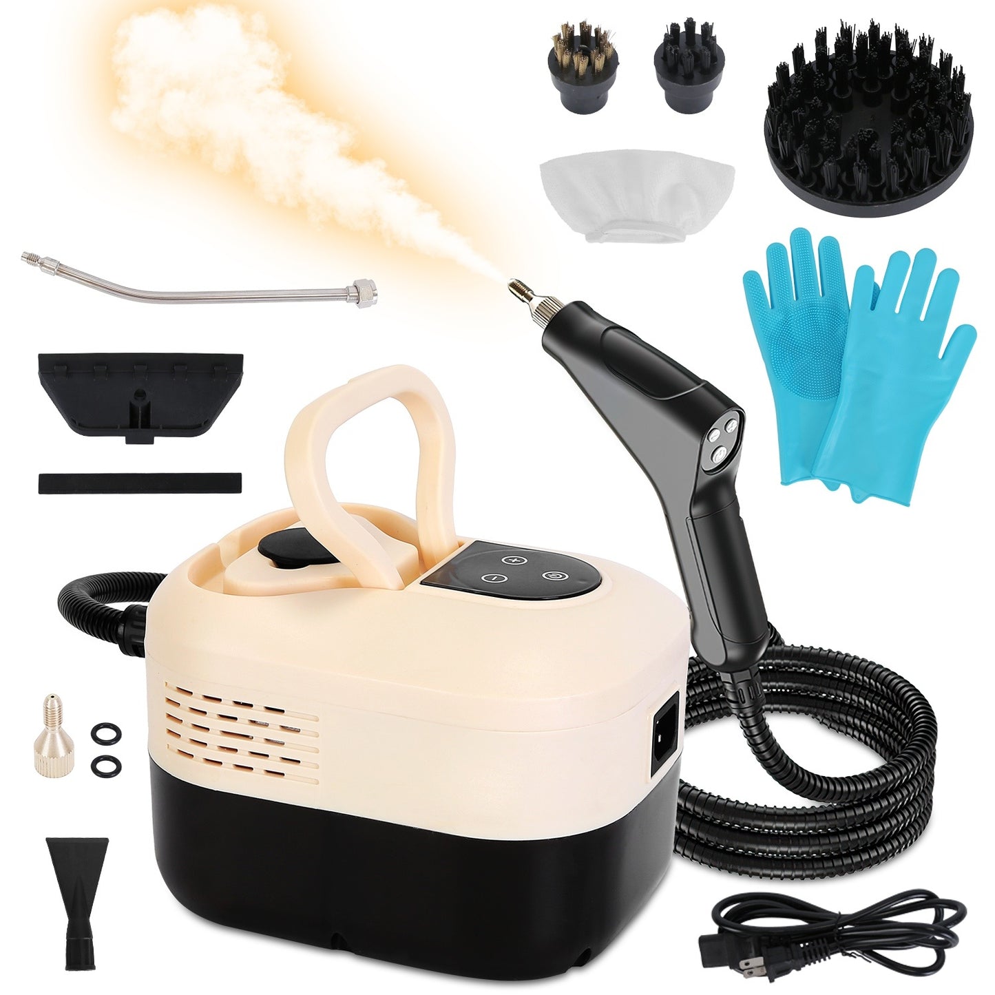 Nettoyeur vapeur portatif 1500W, réservoir 1200 ml, 6 niveaux de vapeur, écran digital, avec 8 accessoires pour sols, joints, canapé, voiture et plus.