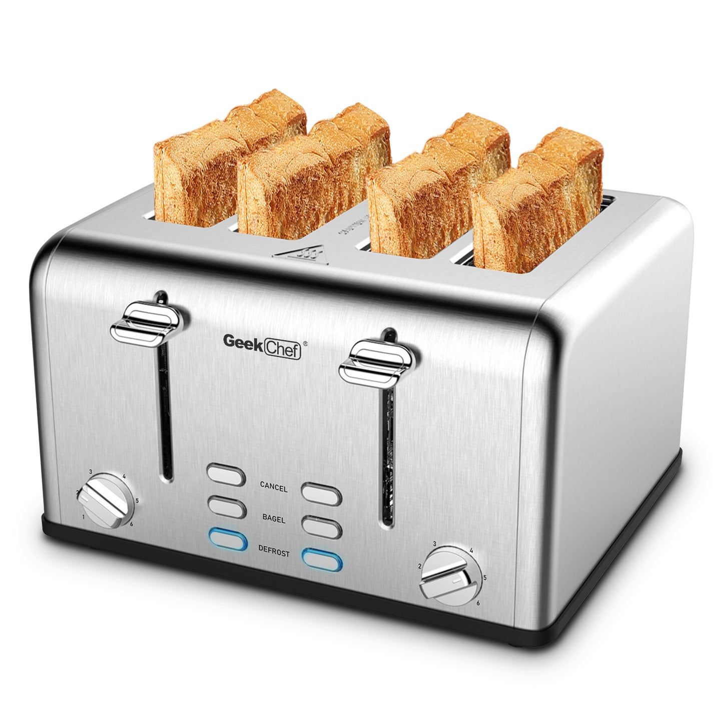 Grille-pain 4 tranches, Geek Chef en acier inoxydable avec fentes extra larges. Équipé de deux panneaux de contrôle indépendants avec fonctions bagel, décongélation et annulation.