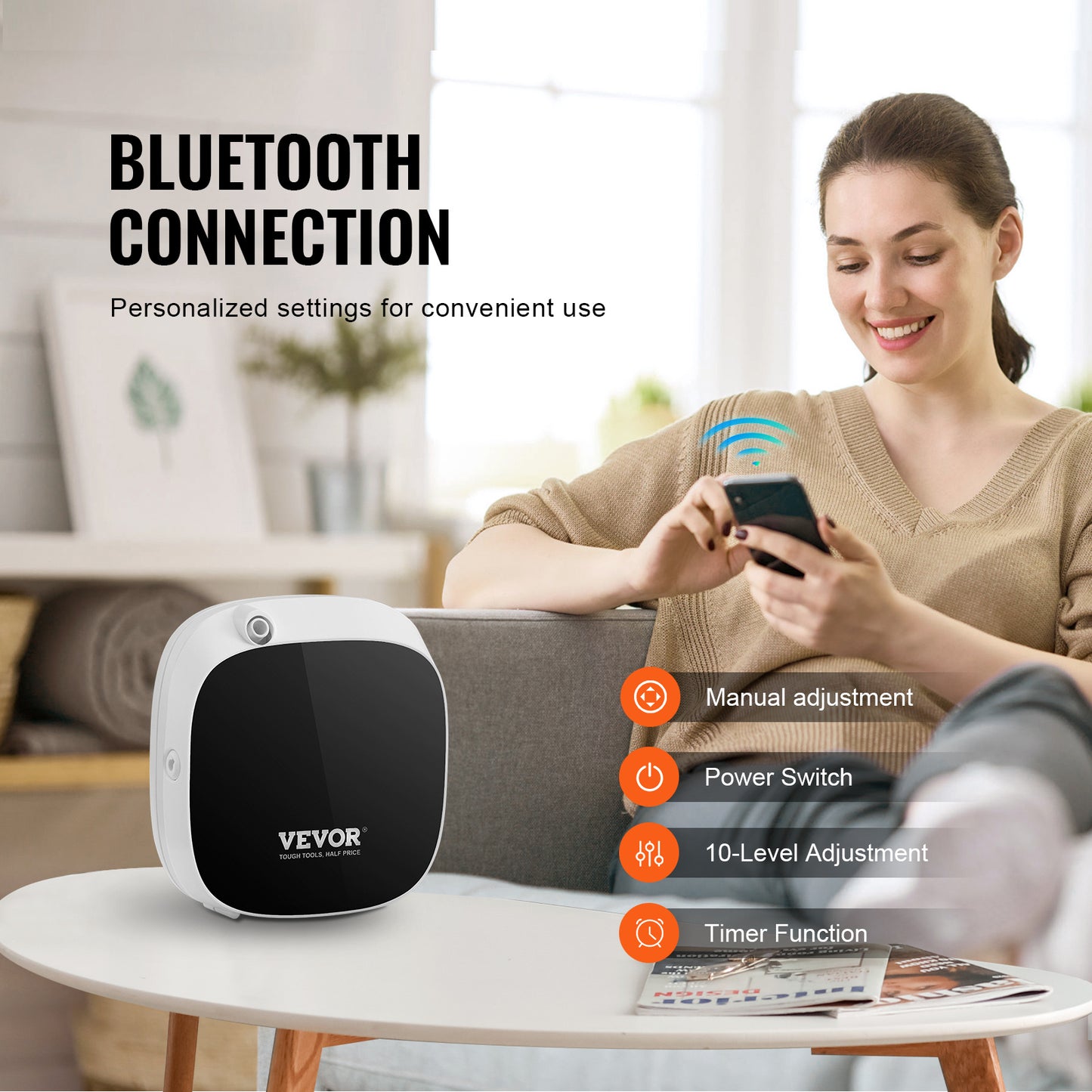 VEVOR Diffuseur d'huiles essentielles intelligent sans eau, alimenté par USB et batterie, pour la maison, le salon, la salle de bain et le spa.