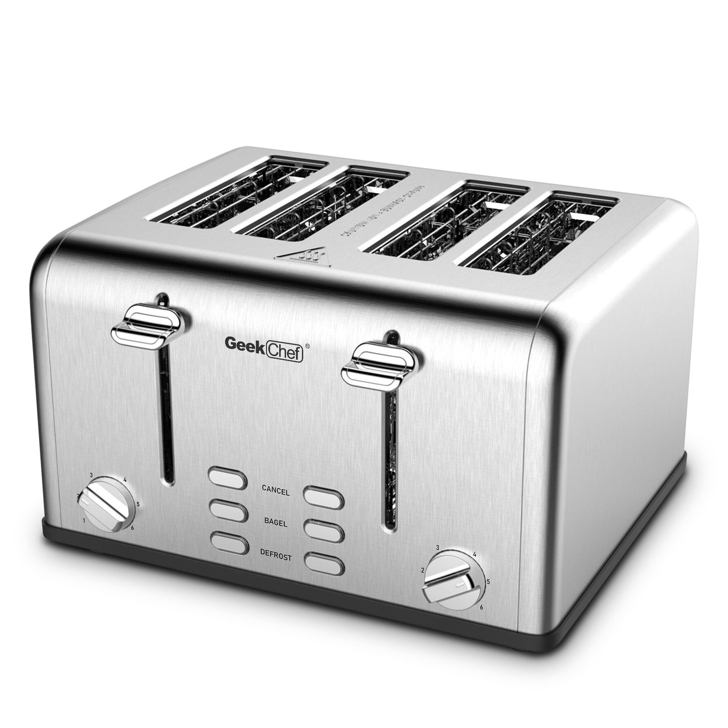 Grille-pain 4 tranches, Geek Chef en acier inoxydable avec fentes extra larges. Équipé de deux panneaux de contrôle indépendants avec fonctions bagel, décongélation et annulation.