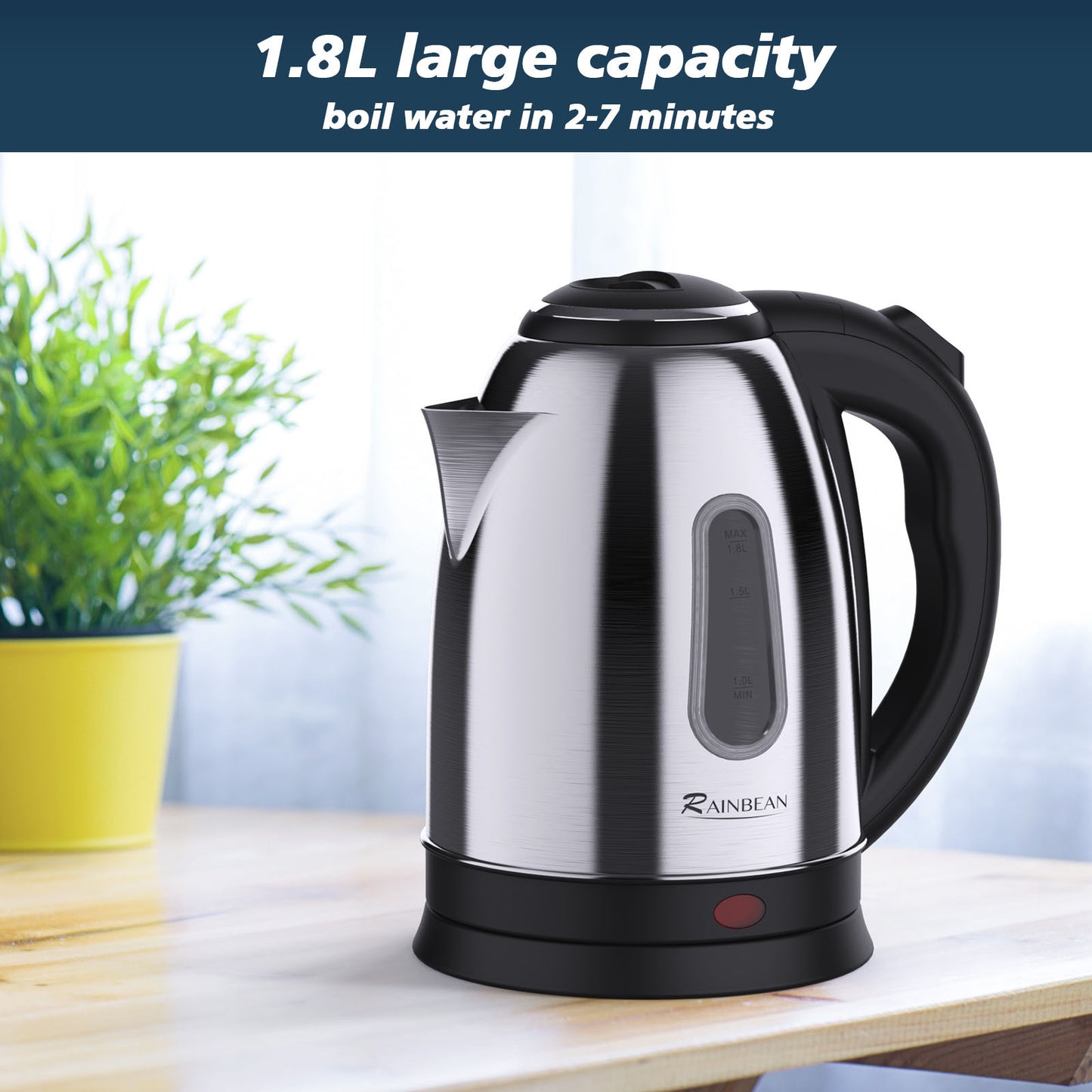 Bouilloire électrique 1,8 L pour thé, café et eau chaude, avec arrêt automatique et protection contre l’ébullition à sec.