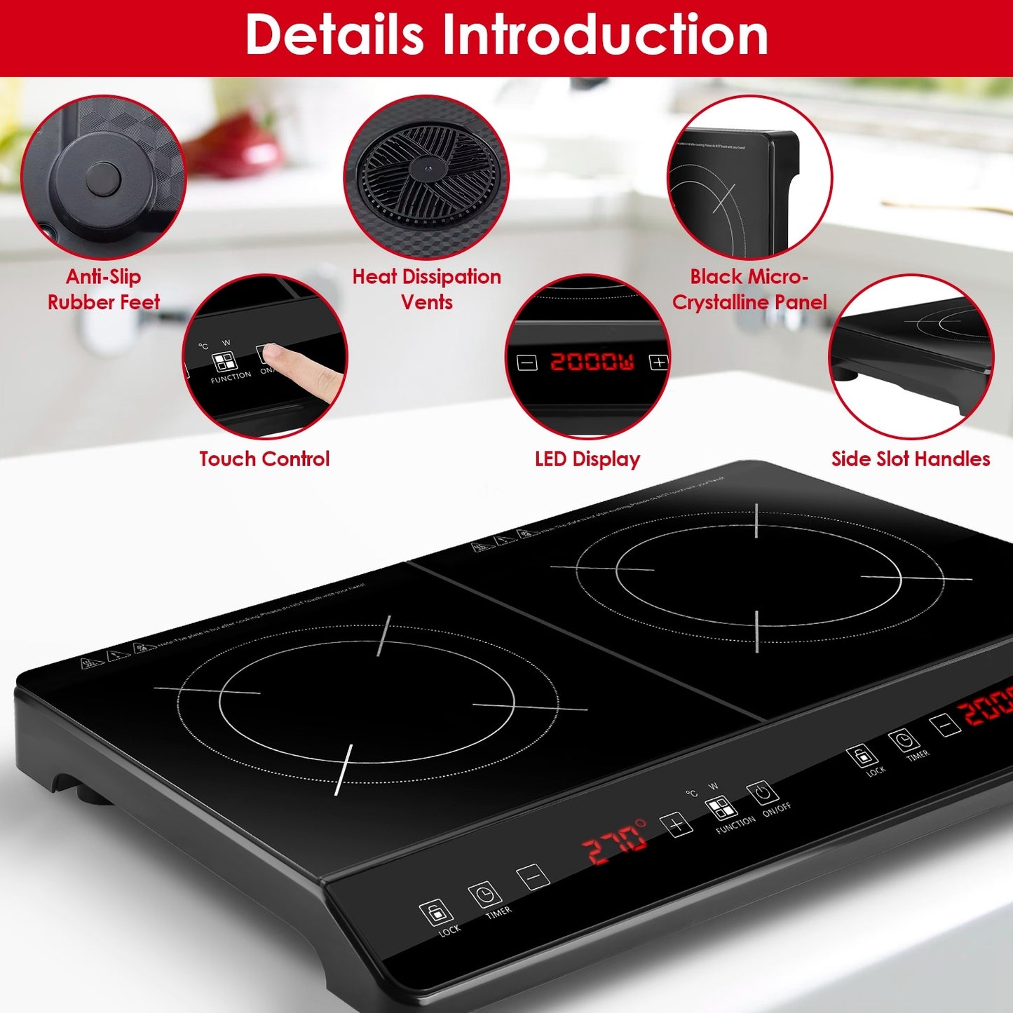 1 pièce – Plaque à induction portable 4000W, double foyer électrique, cuisinière de comptoir avec 9 niveaux de puissance, 9 niveaux de température et minuteur 3h.