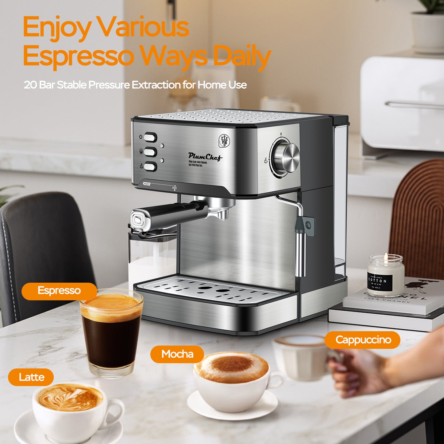 Machine à expresso professionnelle 20 bars avec mousseur à lait, compatible simple et double expresso ainsi que dosettes ESE.