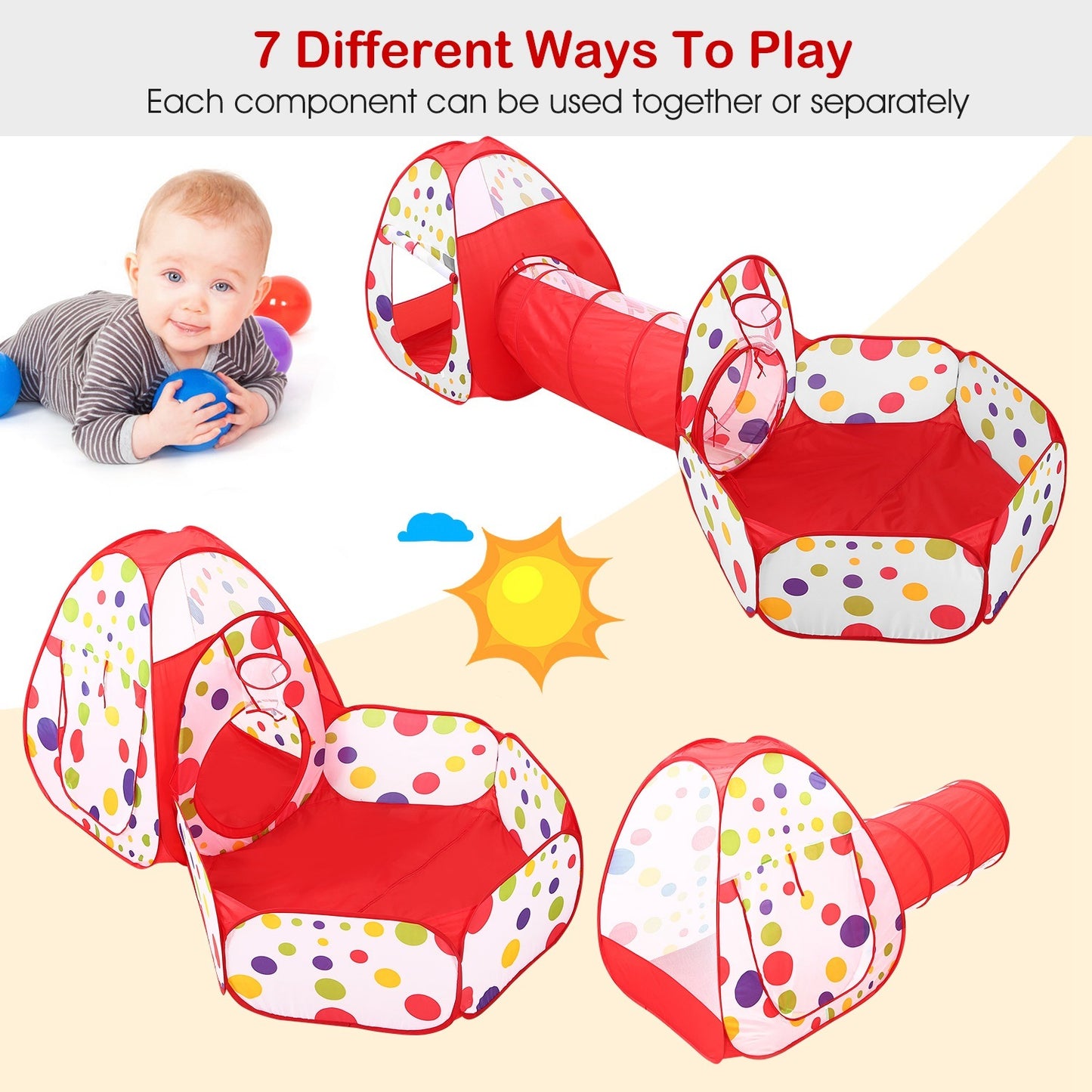 Tente tunnel rampante 3 en 1 pour enfants, tente de jeu avec sac de rangement pour l'intérieur et l'extérieur, balles de voyage non incluses