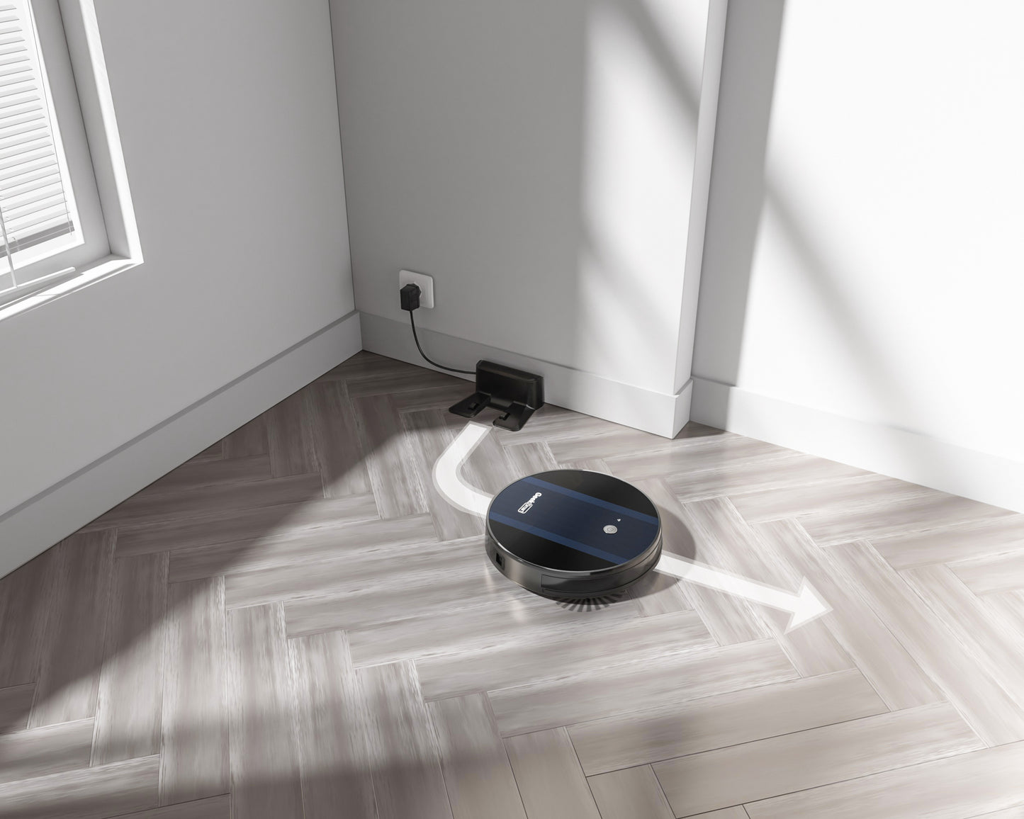 Aspirateur robot Geek Smart G6 Plus, ultra-fin, aspiration 1800 Pa, recharge automatique, Wi-Fi et application mobile, idéal pour sols durs et tapis.