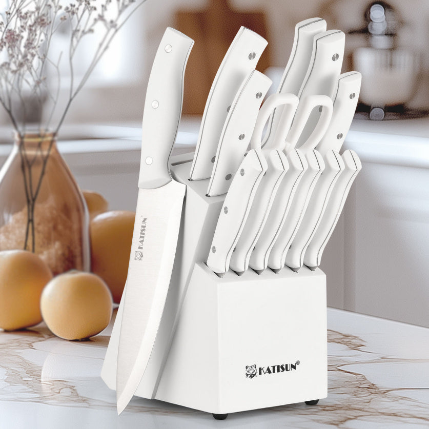 Set 15 couteaux de cuisine – Lames en acier carbone, bloc en bois, aiguiseur intégré & ciseaux