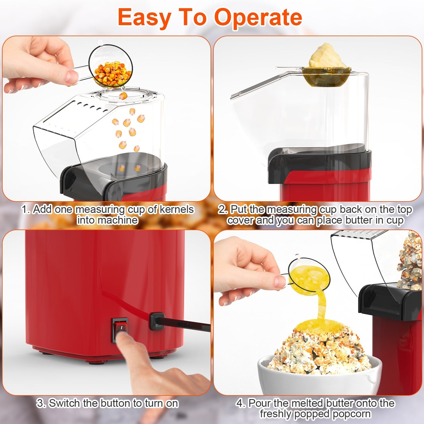 Machine à popcorn à air chaud avec doseur et réchauffe-beurre – 1200W, sans huile, facile à utiliser, capacité 8 tasses – Mini machine à popcorn pour la maison