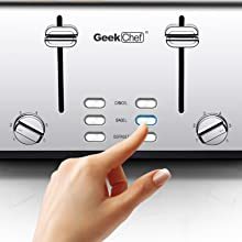 Grille-pain 4 tranches, Geek Chef en acier inoxydable avec fentes extra larges. Équipé de deux panneaux de contrôle indépendants avec fonctions bagel, décongélation et annulation.