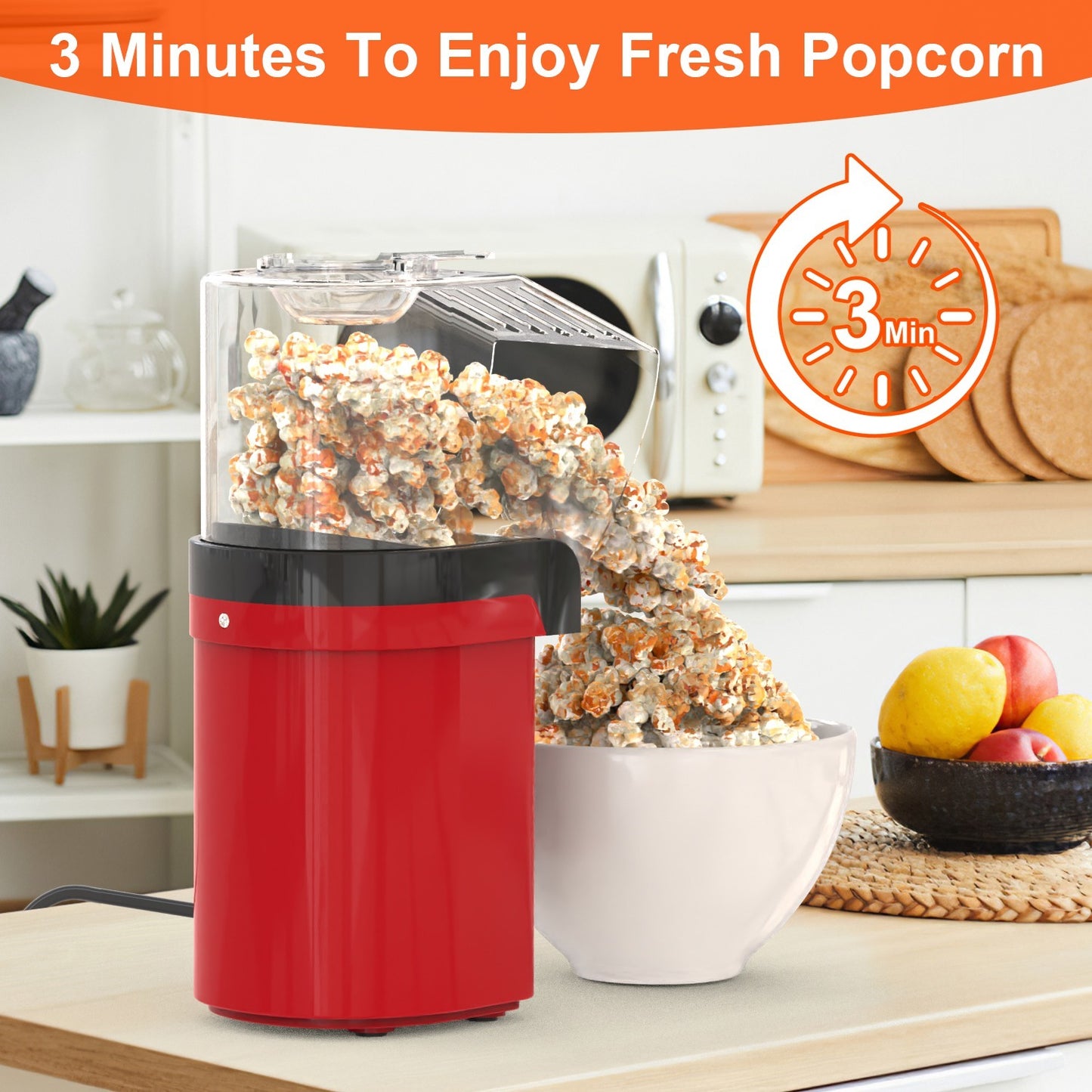 Machine à popcorn à air chaud avec doseur et réchauffe-beurre – 1200W, sans huile, facile à utiliser, capacité 8 tasses – Mini machine à popcorn pour la maison