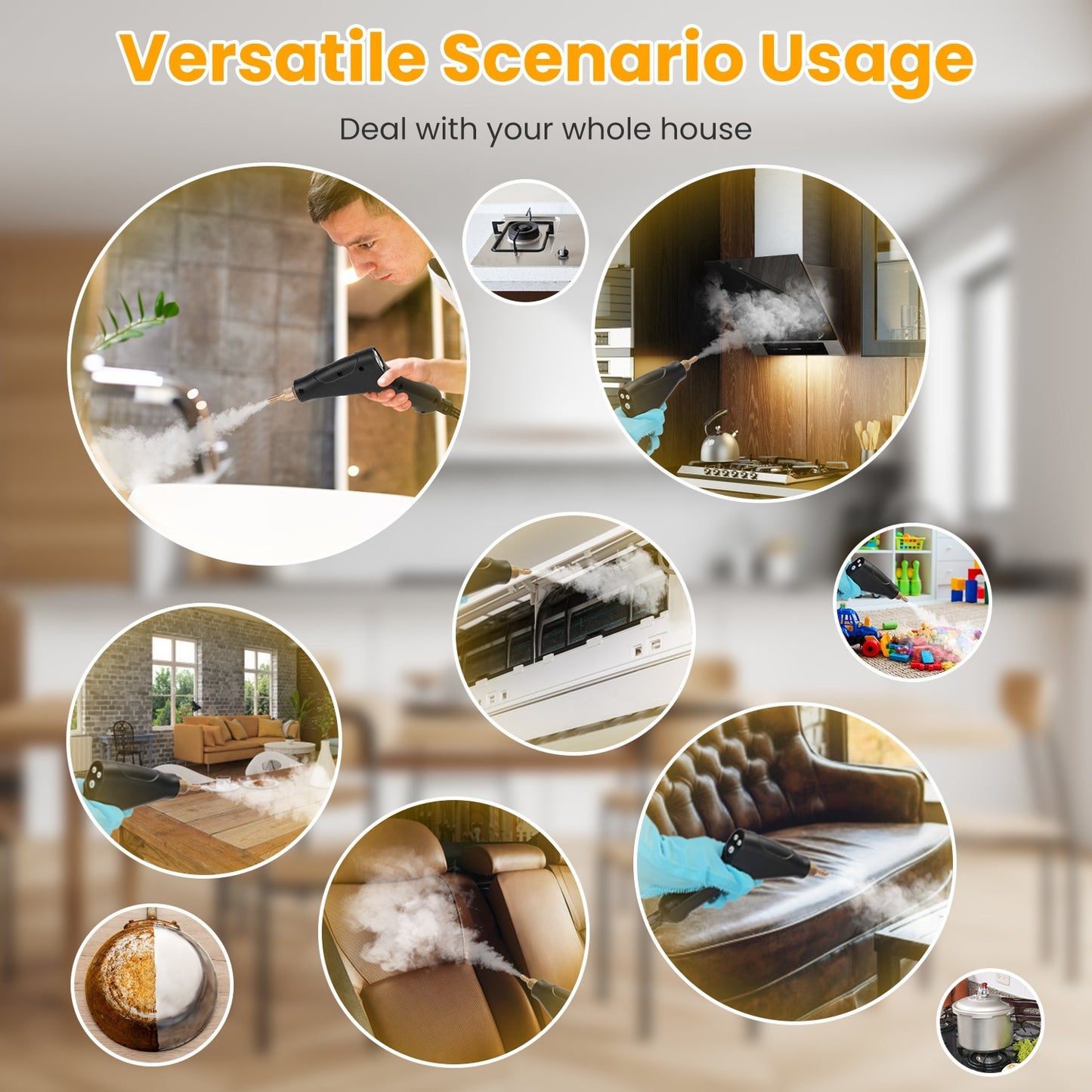 Nettoyeur vapeur portatif 1500W, réservoir 1200 ml, 6 niveaux de vapeur, écran digital, avec 8 accessoires pour sols, joints, canapé, voiture et plus.