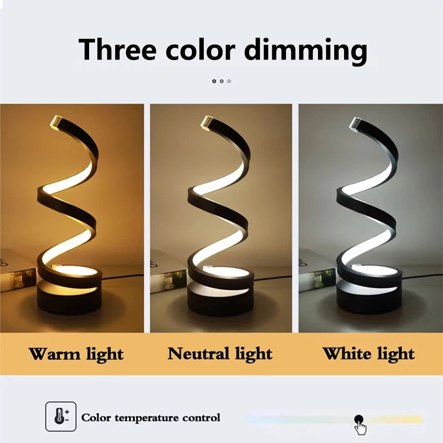 Veilleuse LED spirale créative à prise USB, intensité variable, 3 couleurs réglables, pour salon, bureau, table, chambre à coucher, chevet, décoration
