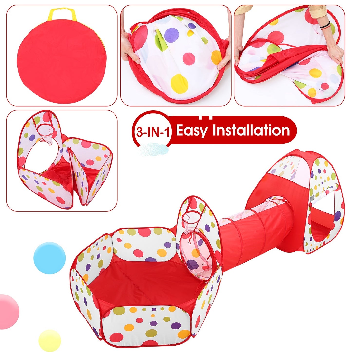 Tente tunnel rampante 3 en 1 pour enfants, tente de jeu avec sac de rangement pour l'intérieur et l'extérieur, balles de voyage non incluses