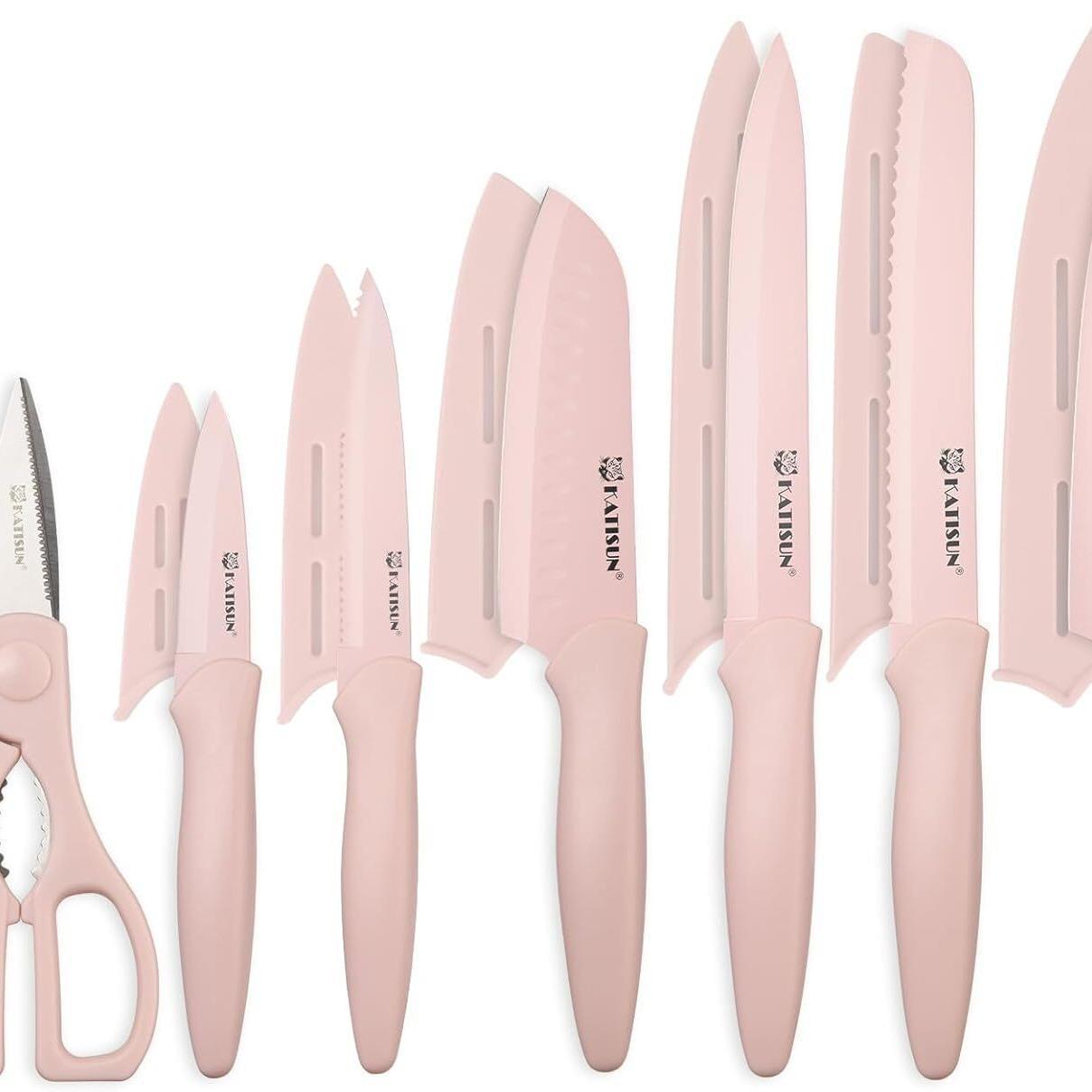 Set de 13 couteaux de cuisine roses antiadhésifs – Avec étuis & ciseaux – Antirouille & compatible lave-vaisselle