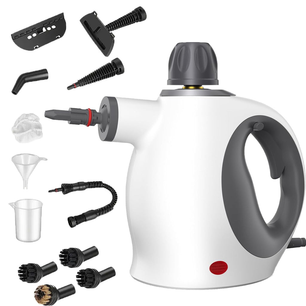 Nettoyeur vapeur portatif avec sécurité, réservoir 500 ml et 12 accessoires, idéal pour désinfecter et éliminer les saletés tenaces.