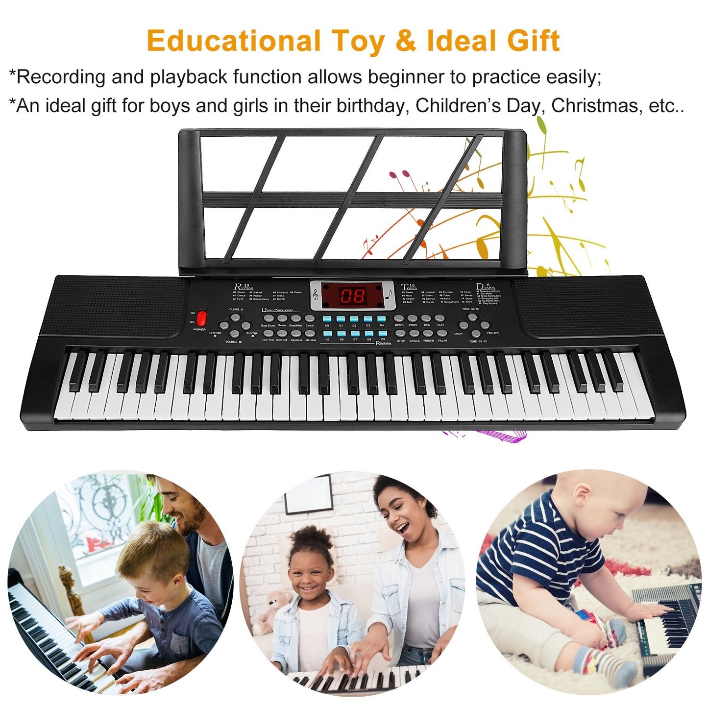 Clavier électronique numérique 61 touches, instrument de musique électrique, clavier d'apprentissage pour enfants avec microphone sur pied pour débutants