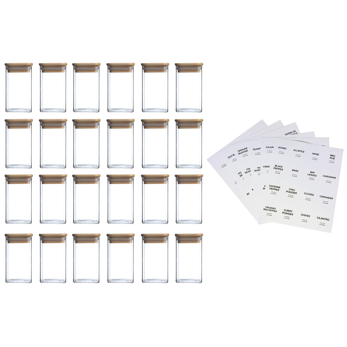 Lot de 24 pots carrés en verre 240 ml pour épices, sel, poivre ou condiments, avec bouchons pratiques.