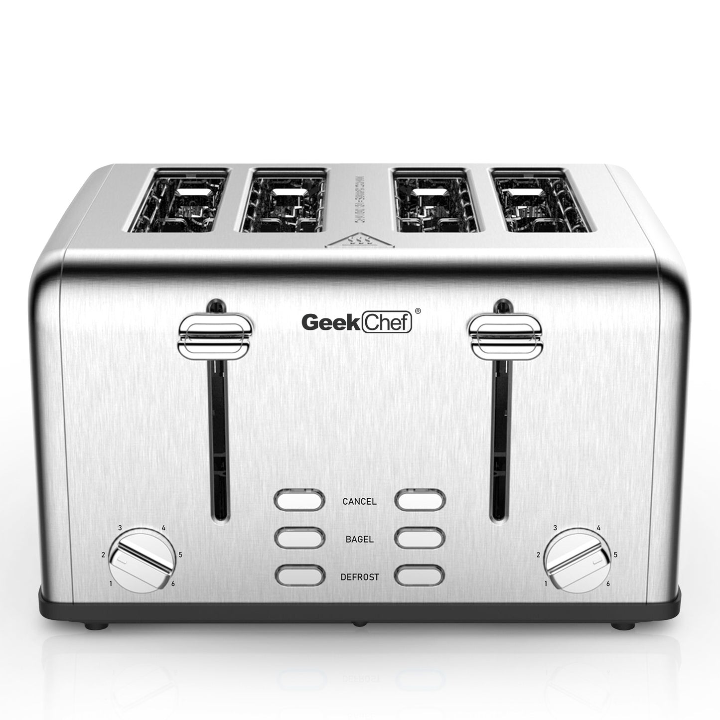 Grille-pain 4 tranches, Geek Chef en acier inoxydable avec fentes extra larges. Équipé de deux panneaux de contrôle indépendants avec fonctions bagel, décongélation et annulation.