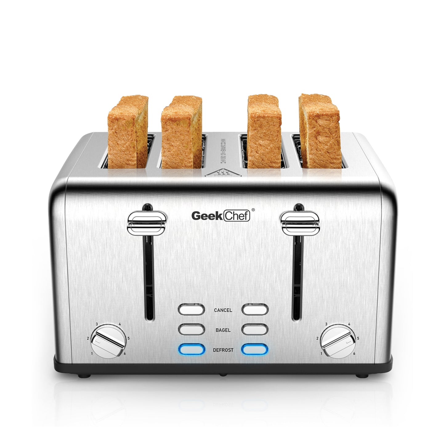 Grille-pain 4 tranches, Geek Chef en acier inoxydable avec fentes extra larges. Équipé de deux panneaux de contrôle indépendants avec fonctions bagel, décongélation et annulation.