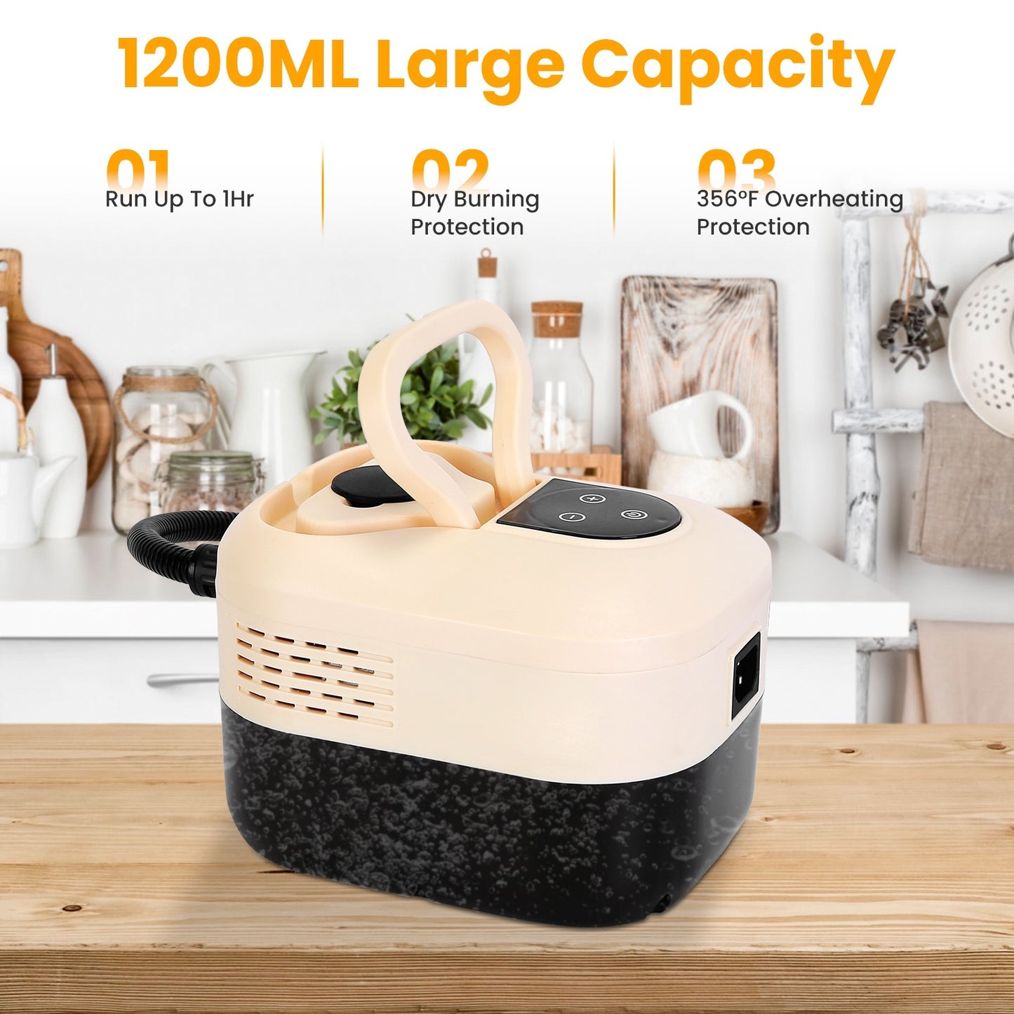Nettoyeur vapeur portatif 1500W, réservoir 1200 ml, 6 niveaux de vapeur, écran digital, avec 8 accessoires pour sols, joints, canapé, voiture et plus.