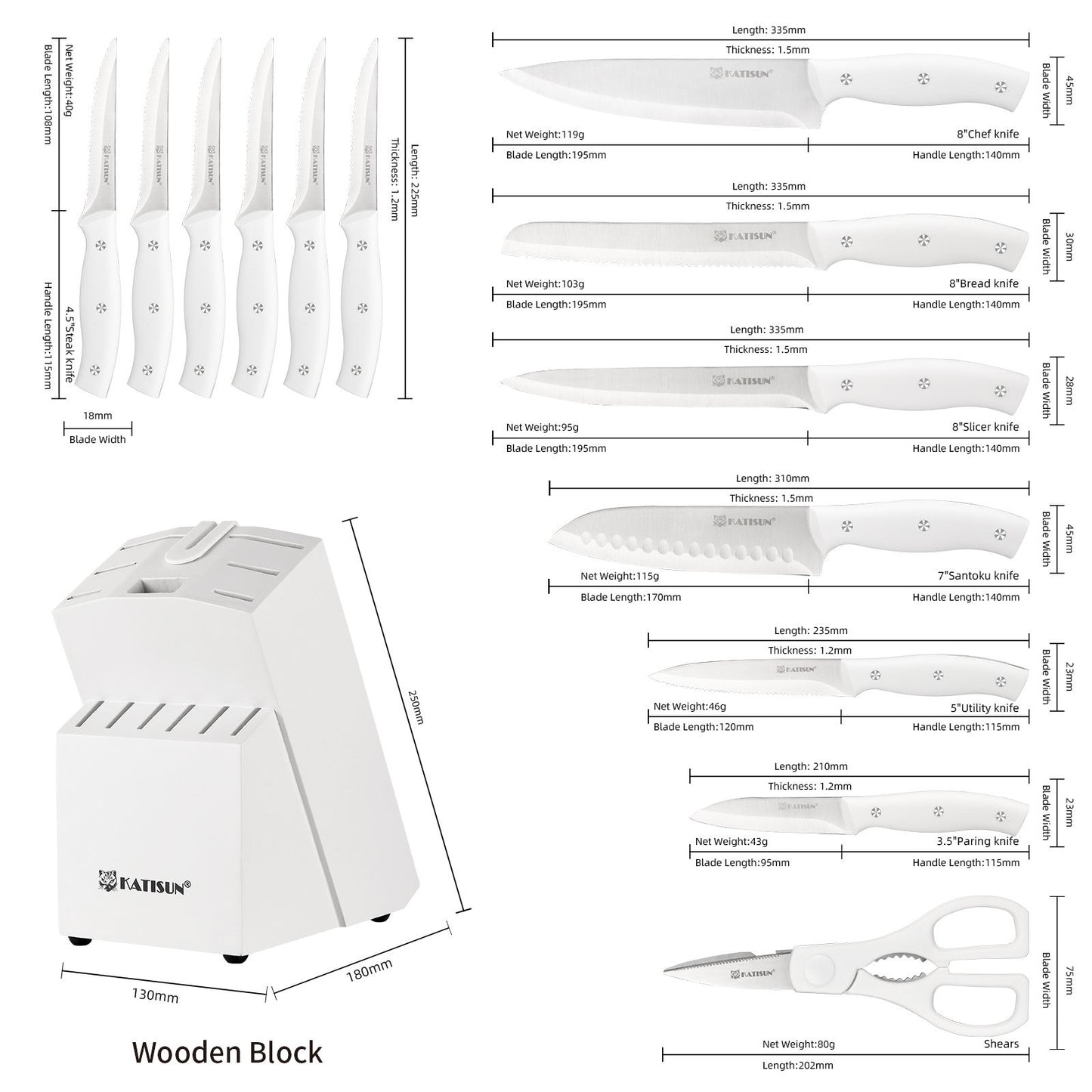 Set 15 couteaux de cuisine – Lames en acier carbone, bloc en bois, aiguiseur intégré & ciseaux