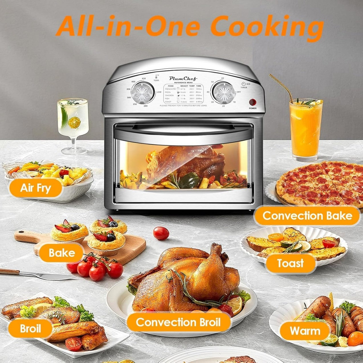 Friteuse à air en acier inoxydable 12,5 L, contrôle à double bouton, minuteur 60 min, programmes prédéfinis pour frites, pizza, poulet, poisson et toast. Design élégant, cuisson saine.