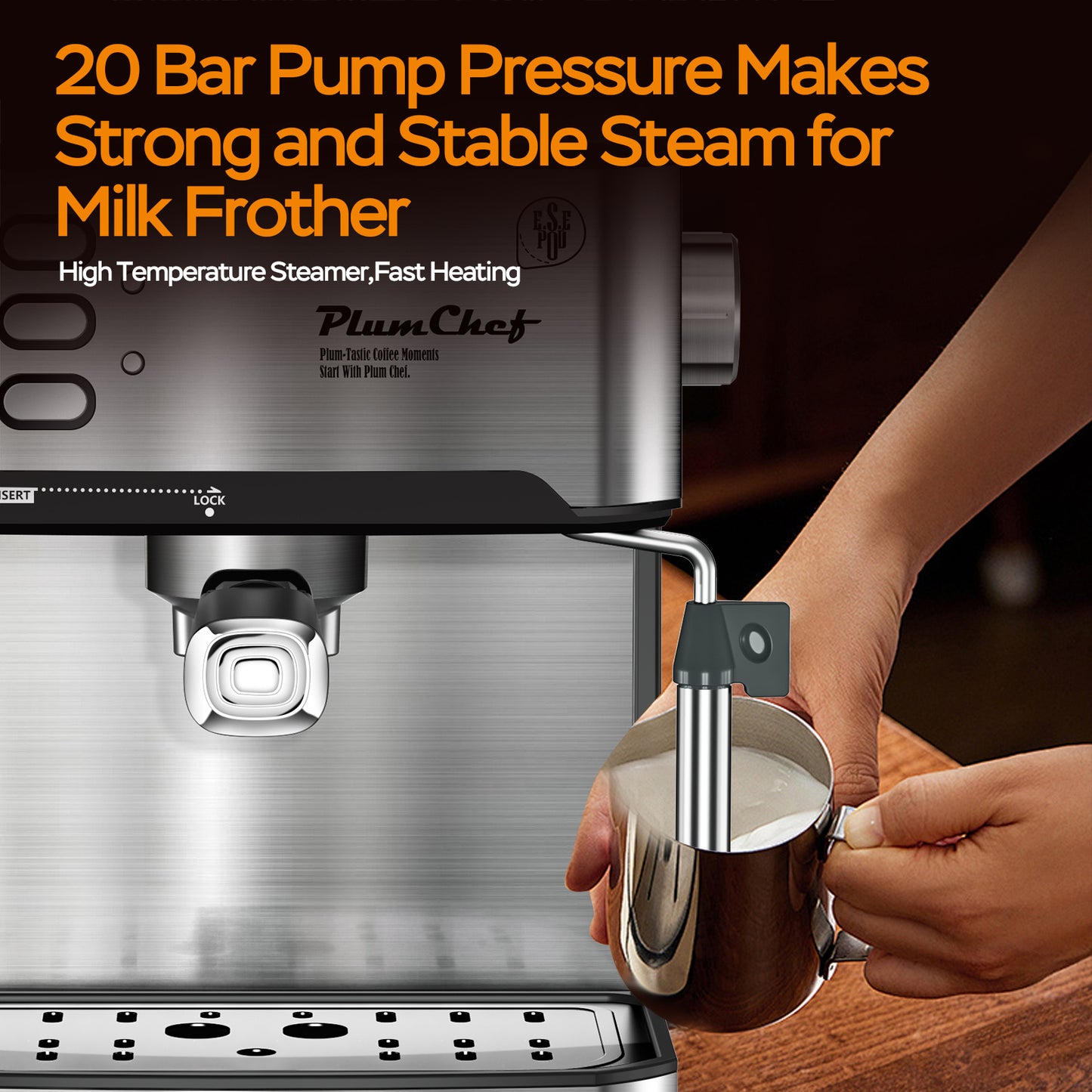 Machine à expresso professionnelle 20 bars avec mousseur à lait, compatible simple et double expresso ainsi que dosettes ESE.