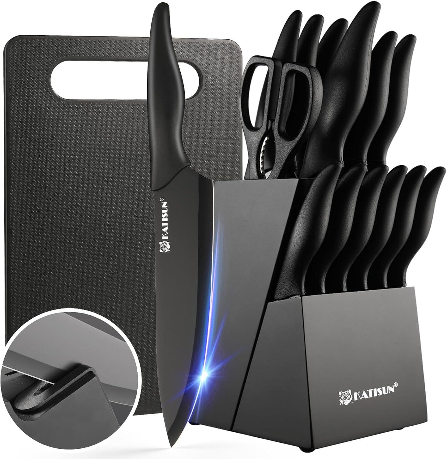 Set de 16 couteaux de cuisine en acier inoxydable avec planche à découper, aiguiseur intégré et manches antidérapants, lavables au lave-vaisselle.