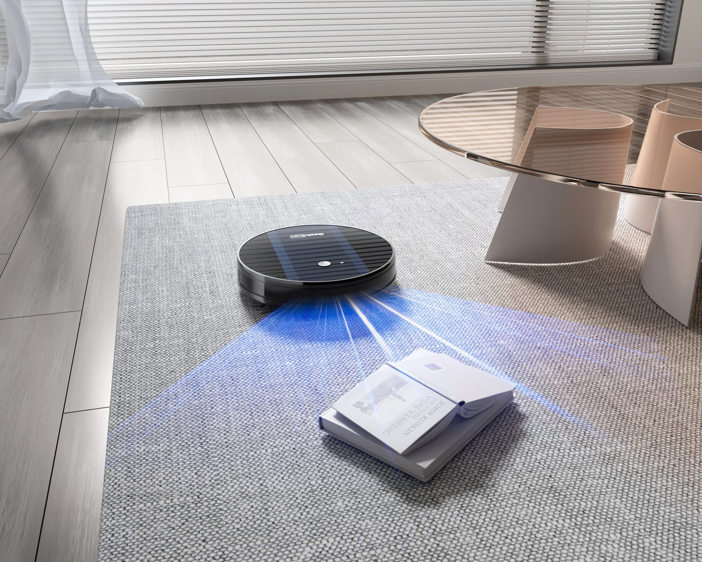 Aspirateur robot Geek Smart G6 Plus, ultra-fin, aspiration 1800 Pa, recharge automatique, Wi-Fi et application mobile, idéal pour sols durs et tapis.