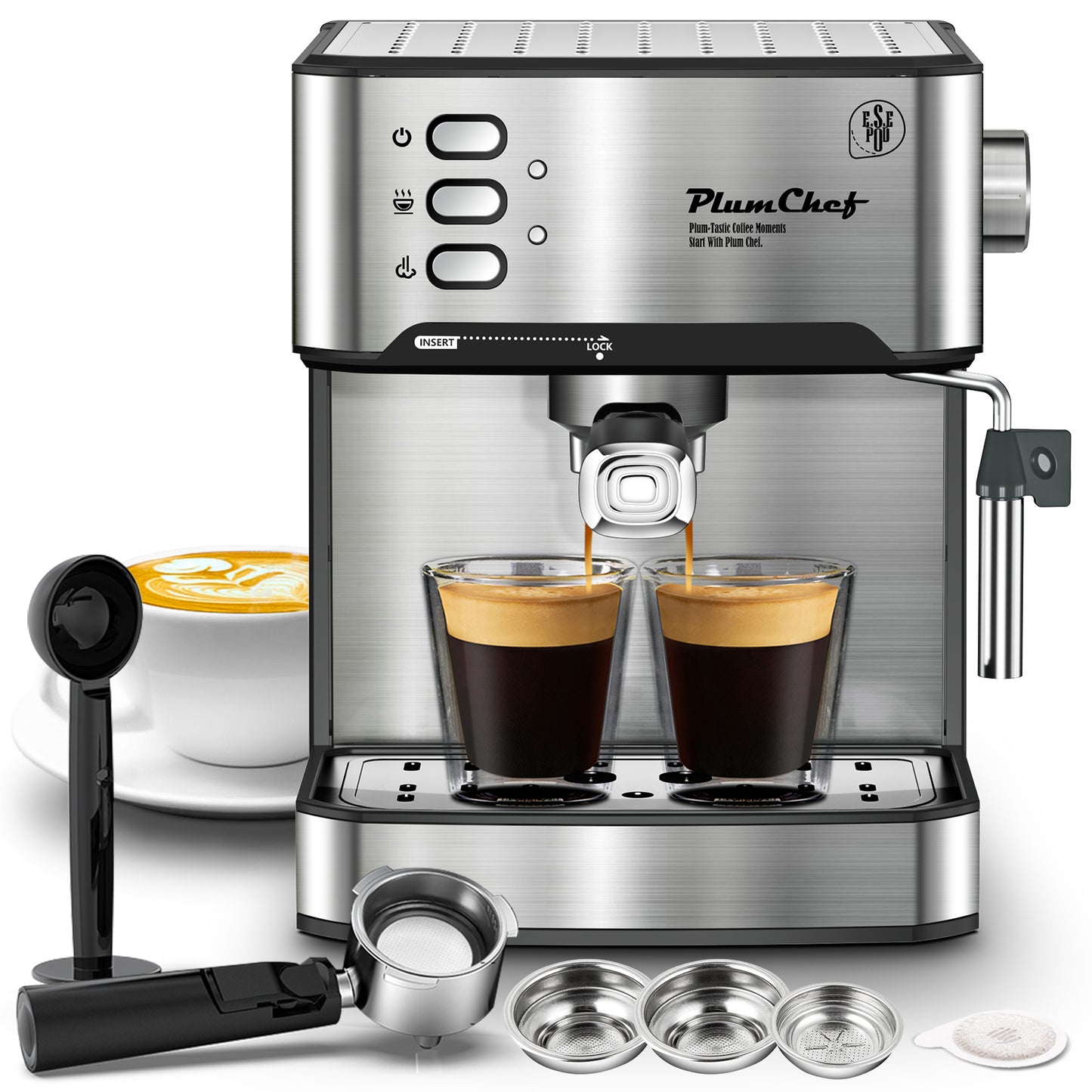 Machine à expresso professionnelle 20 bars avec mousseur à lait, compatible simple et double expresso ainsi que dosettes ESE.