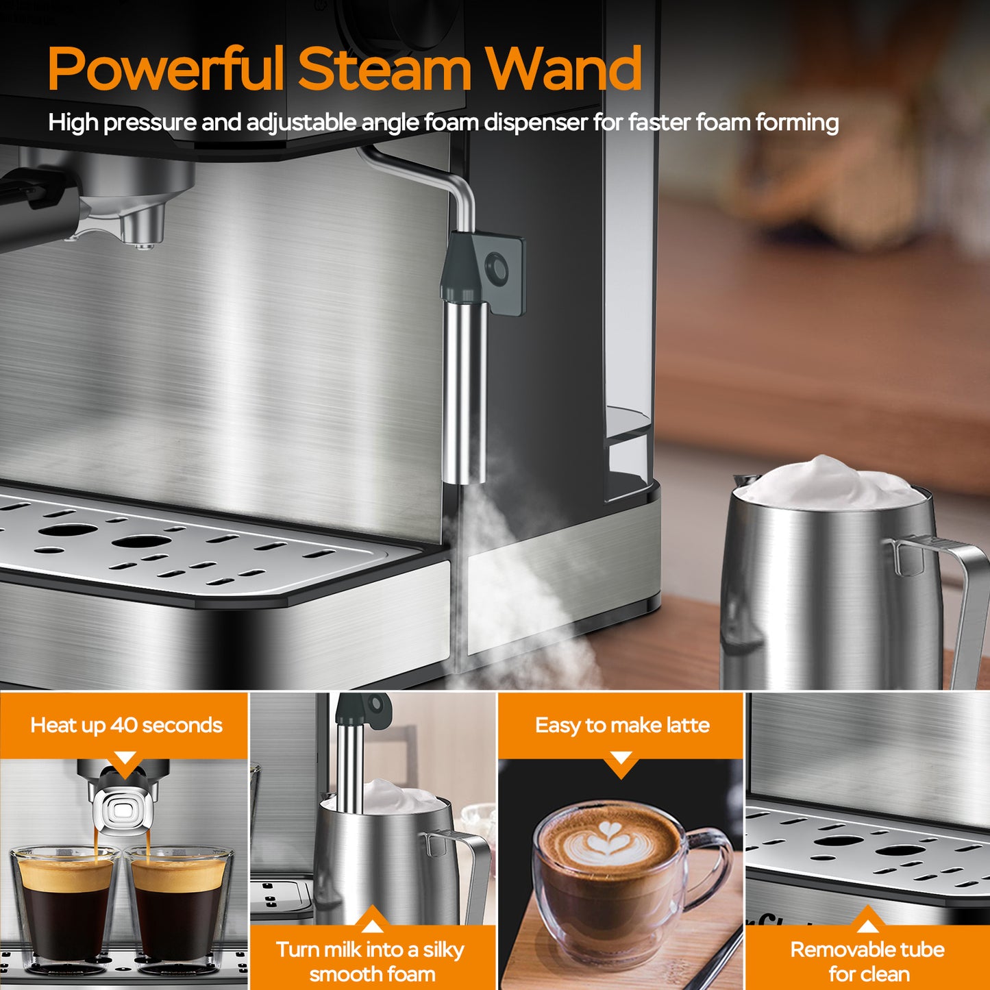 Machine à expresso professionnelle 20 bars avec mousseur à lait, compatible simple et double expresso ainsi que dosettes ESE.