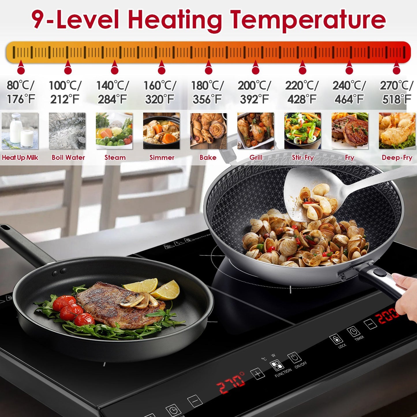 1 pièce – Plaque à induction portable 4000W, double foyer électrique, cuisinière de comptoir avec 9 niveaux de puissance, 9 niveaux de température et minuteur 3h.