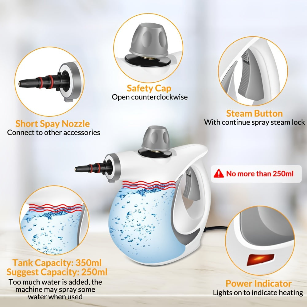 Nettoyeur vapeur portatif multi-surfaces avec 12 accessoires, réservoir intégré, nettoyage naturel à la vapeur.