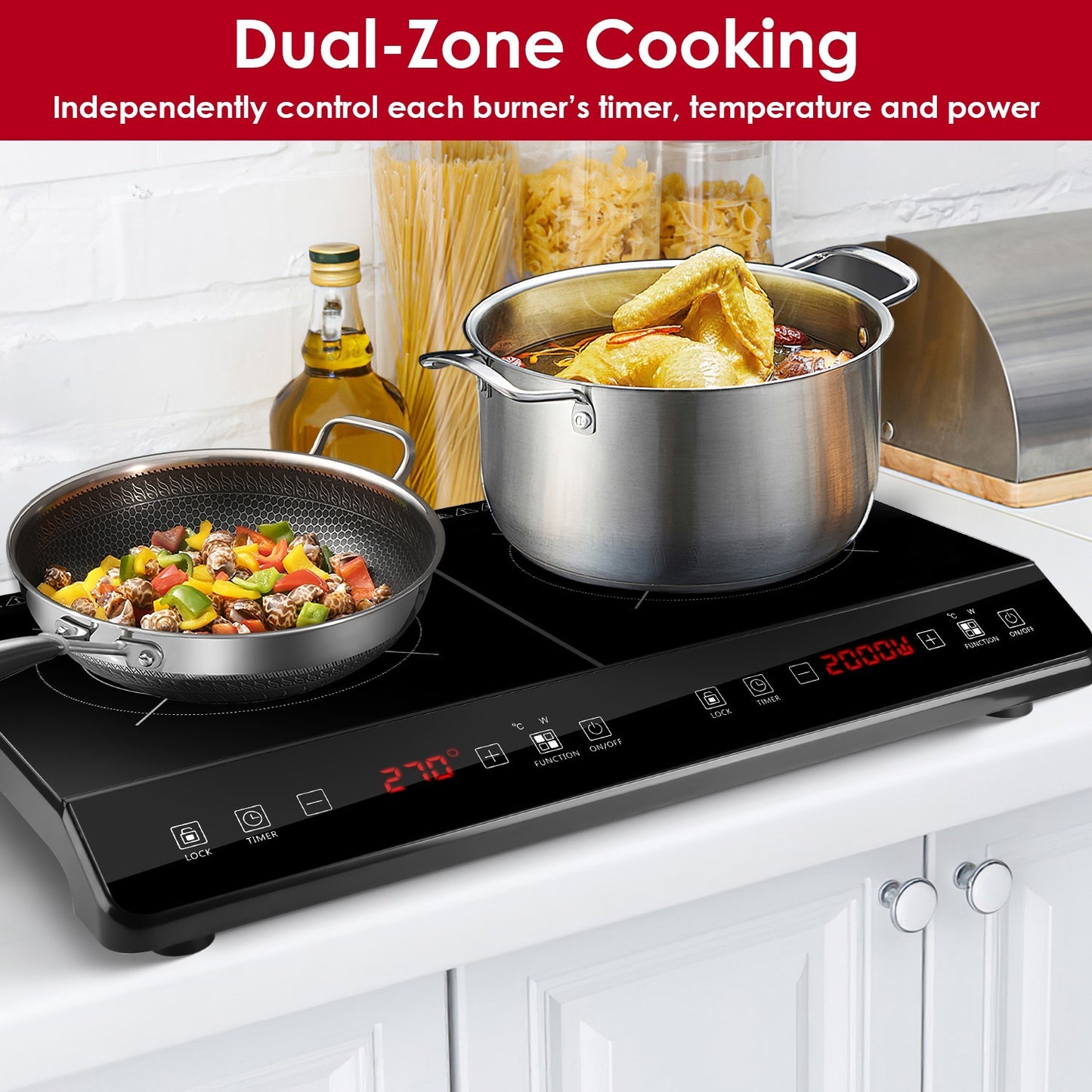 1 pièce – Plaque à induction portable 4000W, double foyer électrique, cuisinière de comptoir avec 9 niveaux de puissance, 9 niveaux de température et minuteur 3h.