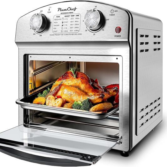 Friteuse à air en acier inoxydable 12,5 L, contrôle à double bouton, minuteur 60 min, programmes prédéfinis pour frites, pizza, poulet, poisson et toast. Design élégant, cuisson saine.