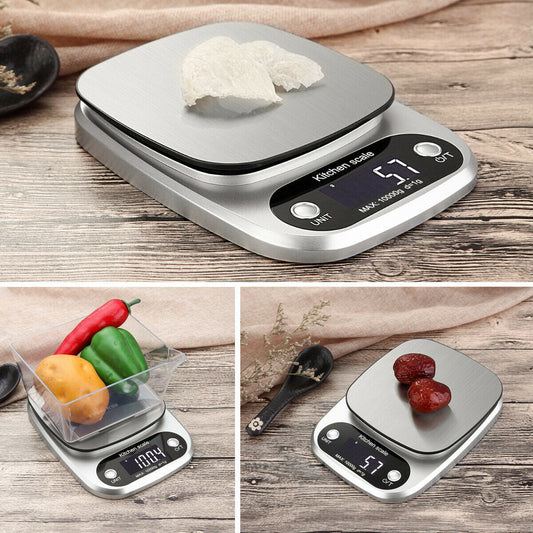 Balance de cuisine numérique multifonction, idéale pour le régime alimentaire, capacité jusqu’à 10 kg (22 lbs) avec une précision de 1 g, plateau en acier inoxydable.