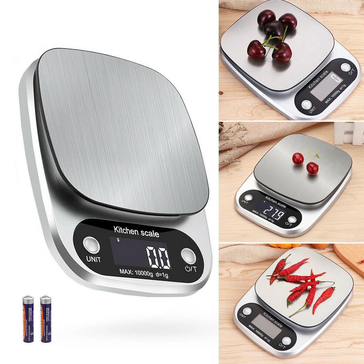 Balance de cuisine numérique multifonction, idéale pour le régime alimentaire, capacité jusqu’à 10 kg (22 lbs) avec une précision de 1 g, plateau en acier inoxydable.